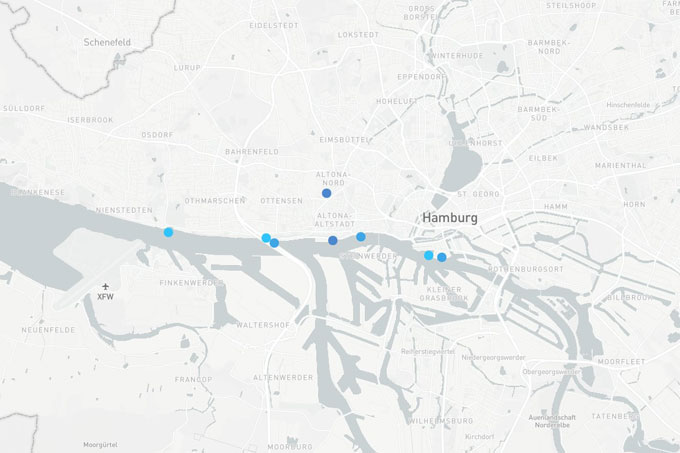 Messpunkte im NABU-Projekt "Luftmessnetz am Hafenrand" - Karte: Breeze Technologies