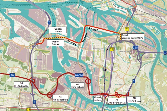 Alternativen bei der Routenführung der Hafenquerspange – Karte: Zukunft Elbinsel Wilhelmsburg e.V., Kartenmaterial: OpenStreetMap contributors/M. Rotschuh