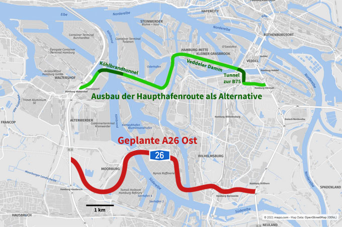 Bessere Alternative: Ausbau der Haupthafenroute statt Neubau A26 Ost - Karte: NABU Hamburg/mapz.com/OpenStreetMap.org